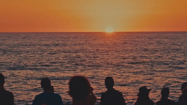 A crowd in silhouette watching the sun set over the Pacific in San Diego